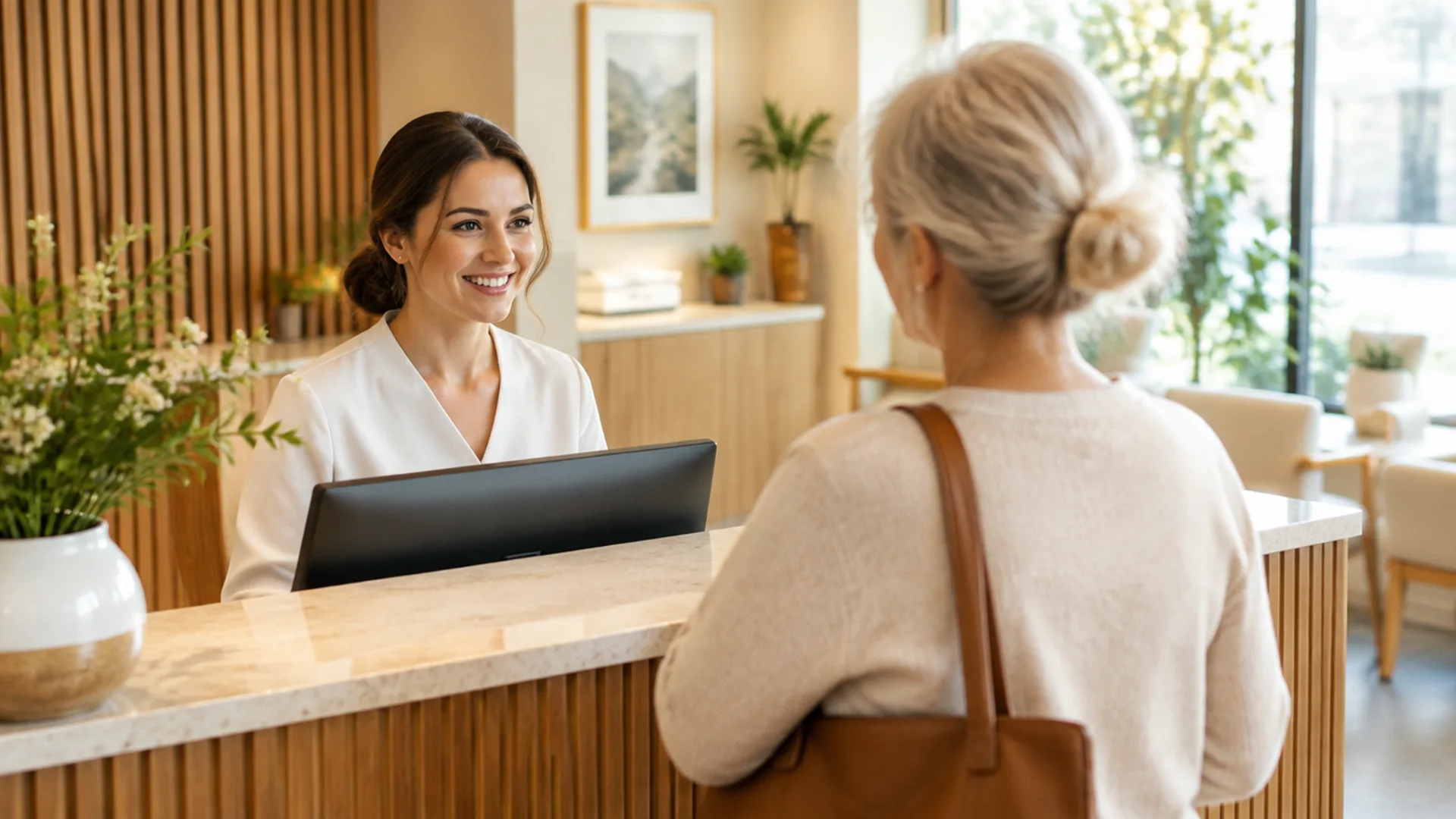 Smiling clinic receptionist welcoming a patient at the front desk
