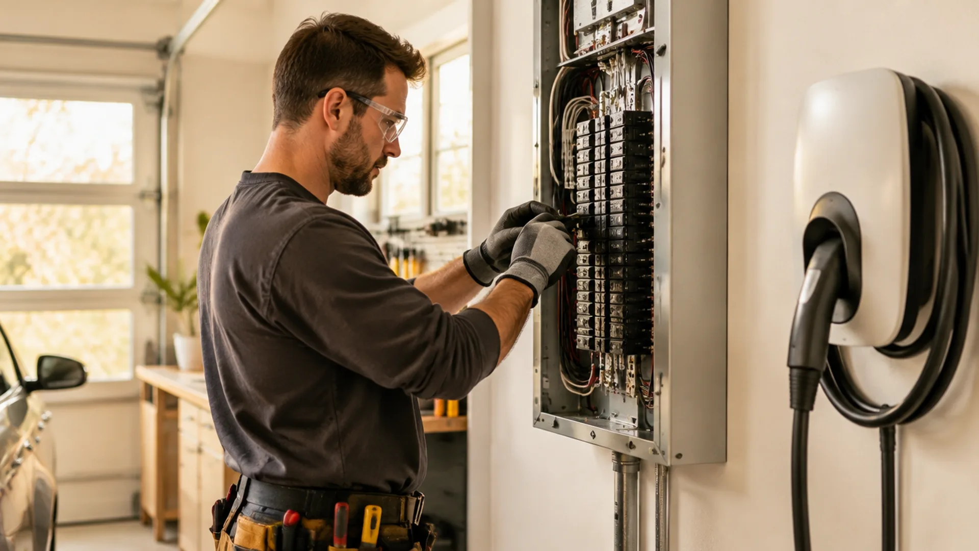Electrician working on a home electrical panel next to an EV charger