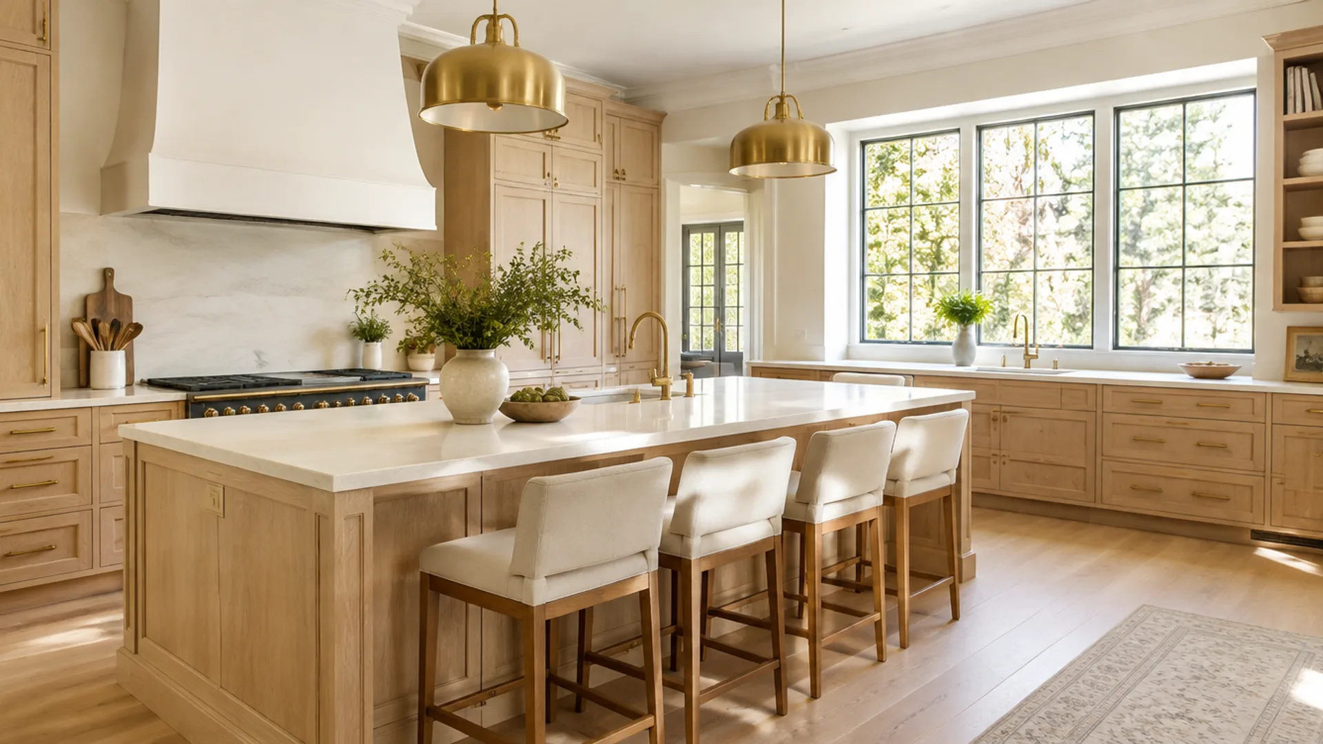 Finished custom kitchen with white oak cabinets, a large island and brass pendant lights