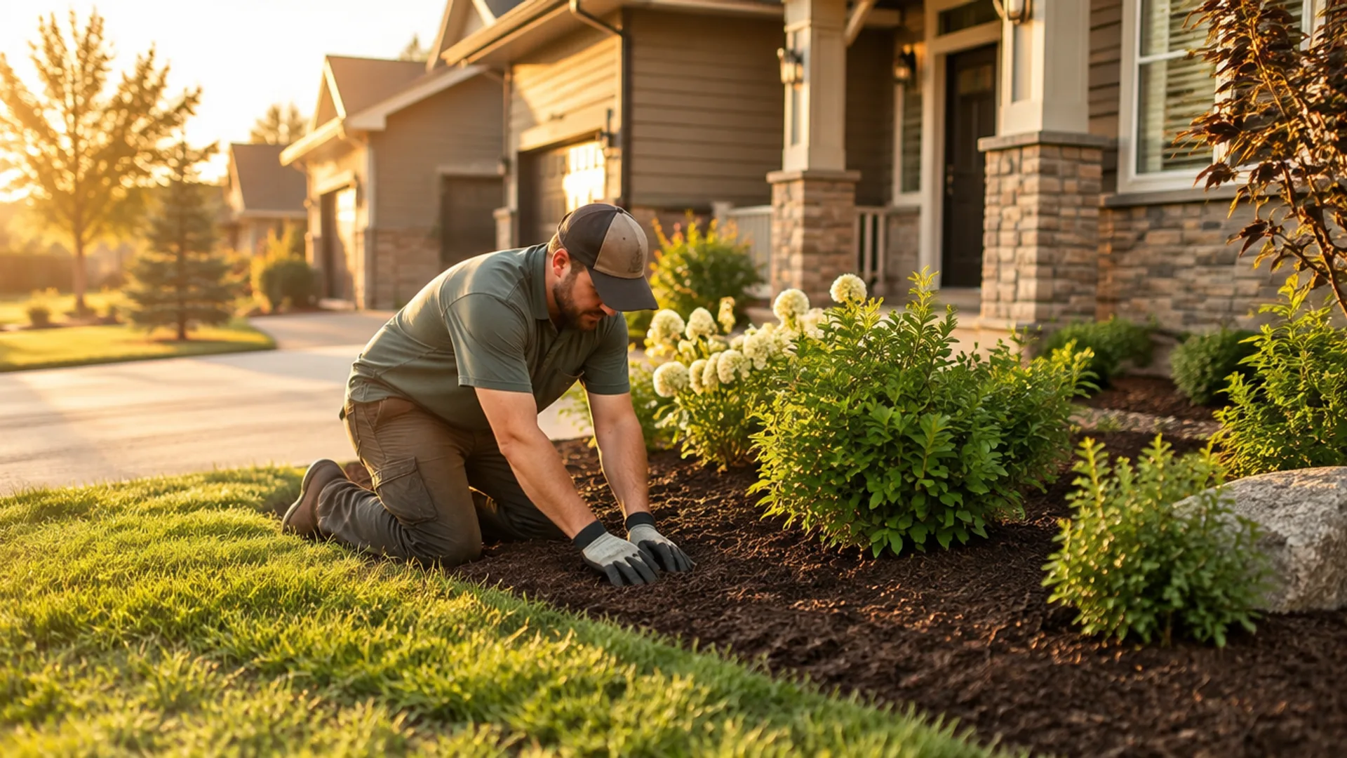 Landscaper finishing a front yard garden in front of a suburban home