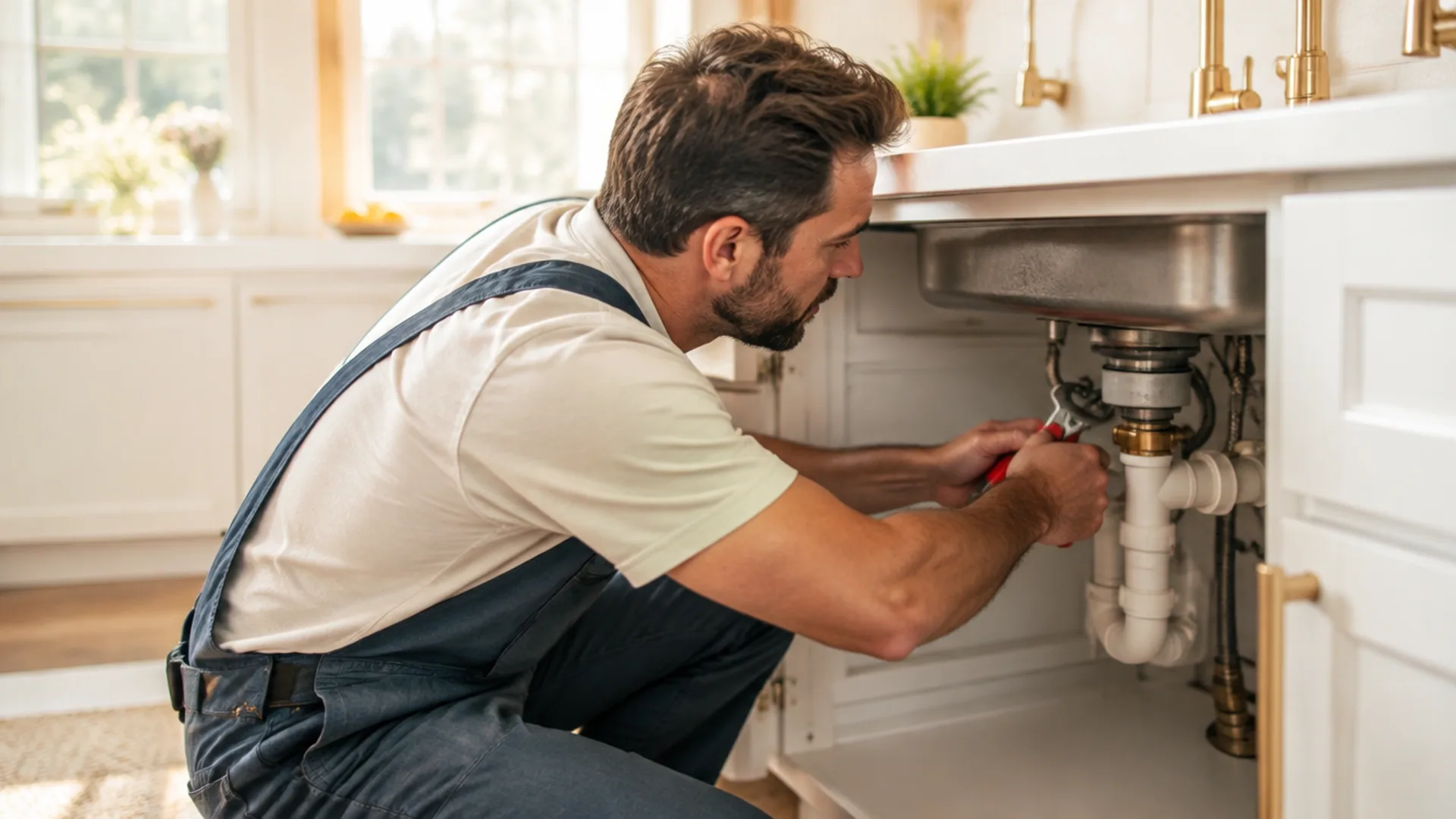 Plumber fixing the pipes under a bright kitchen sink