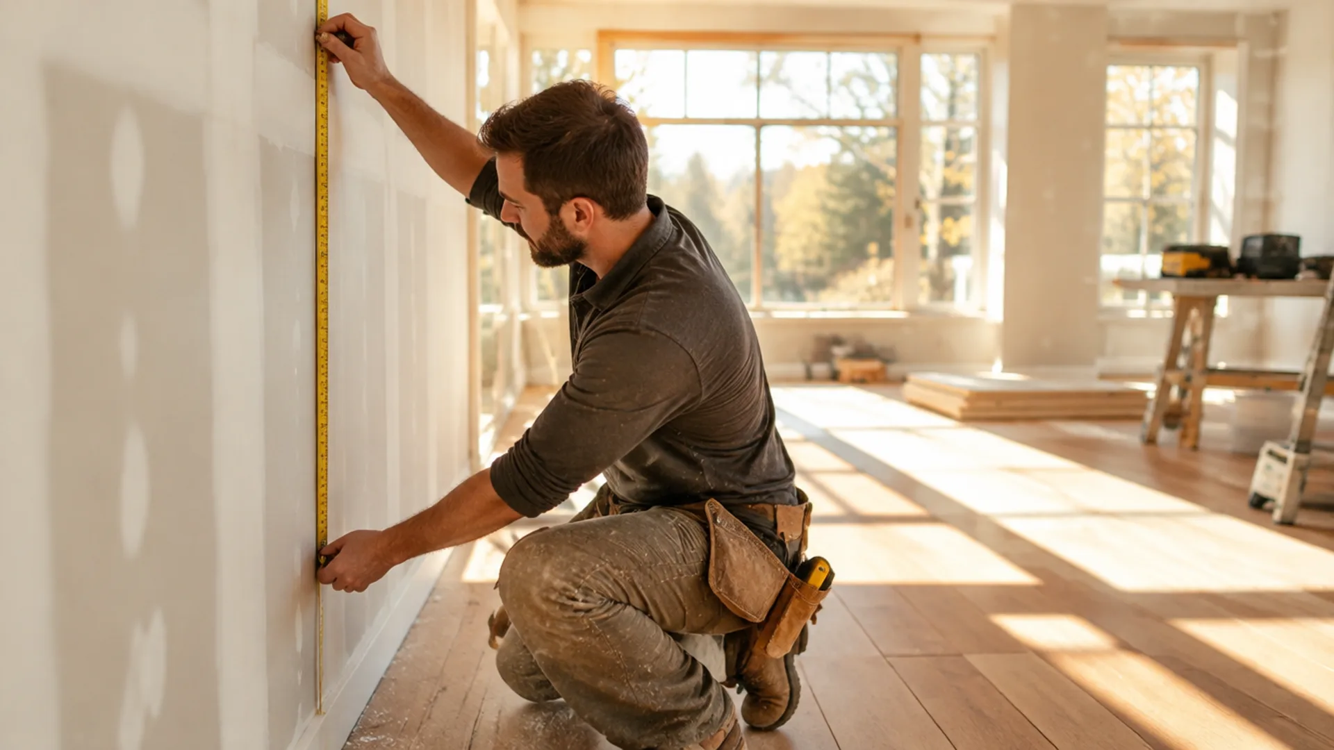 Renovation contractor measuring a wall in a sunlit home with new oak floors