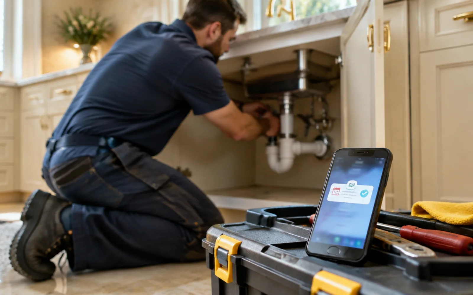 A plumber working under a sink while his phone shows a new booked appointment
