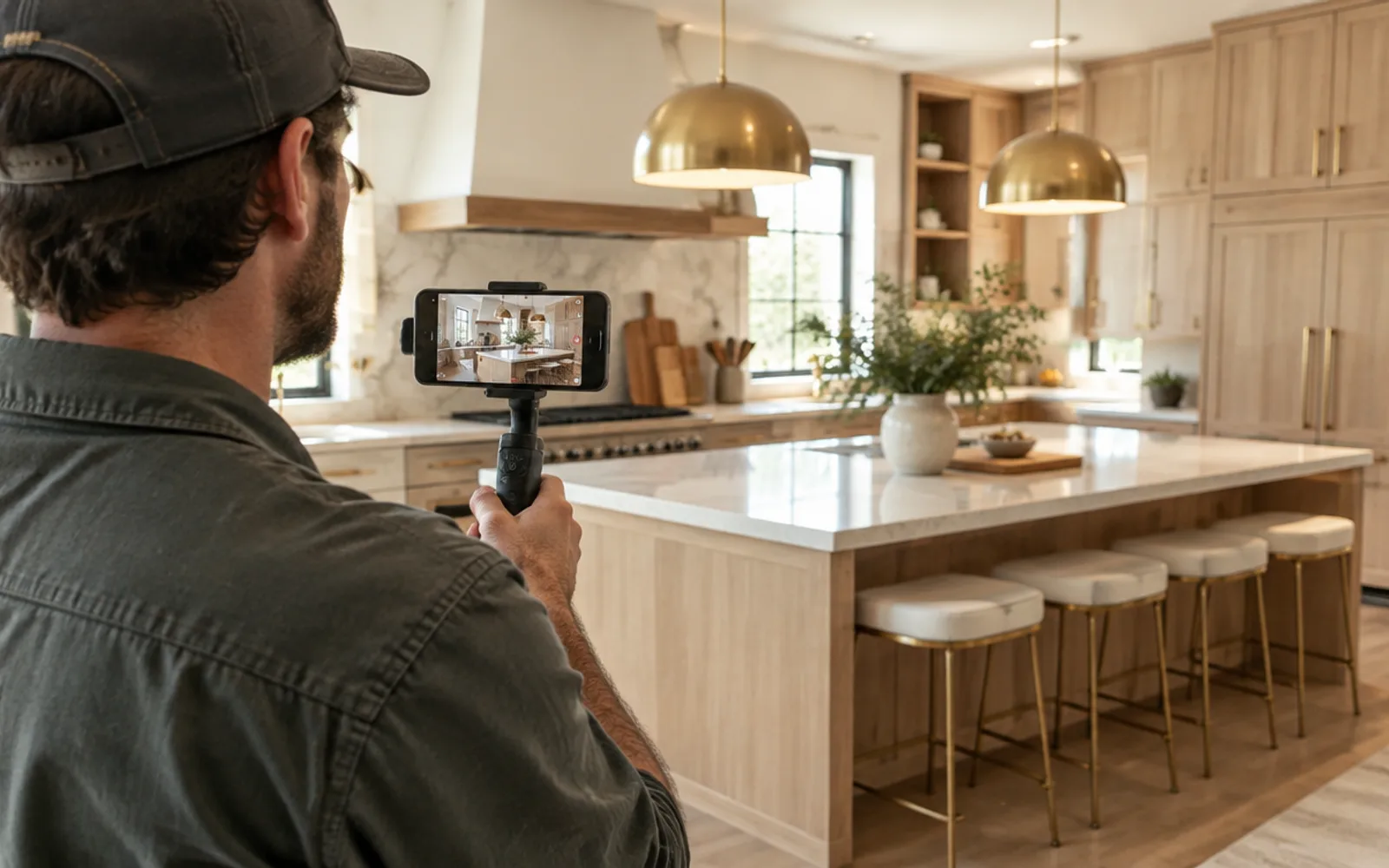 A contractor filming a short video of a finished kitchen with his phone