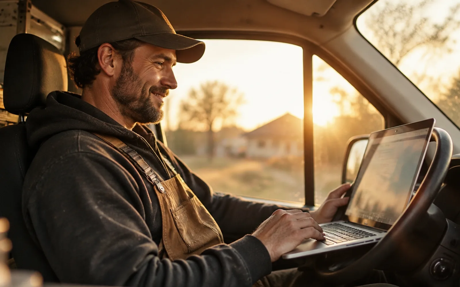A contractor in his van smiling at his new website on a laptop