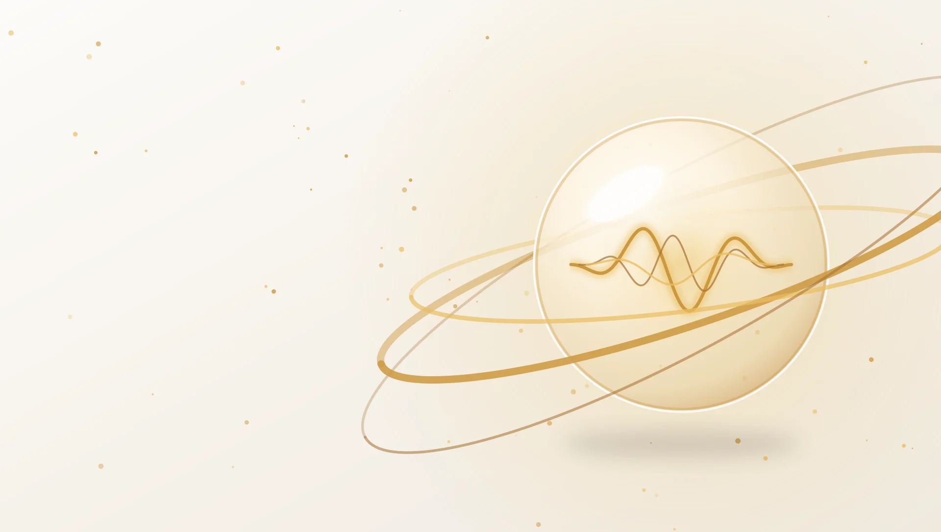 Glass orb with a gold sound wave inside, wrapped in ribbons of gold light