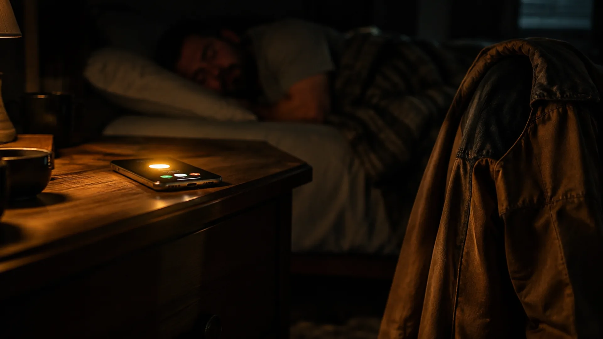 A phone lighting up with a call on a nightstand while the contractor sleeps
