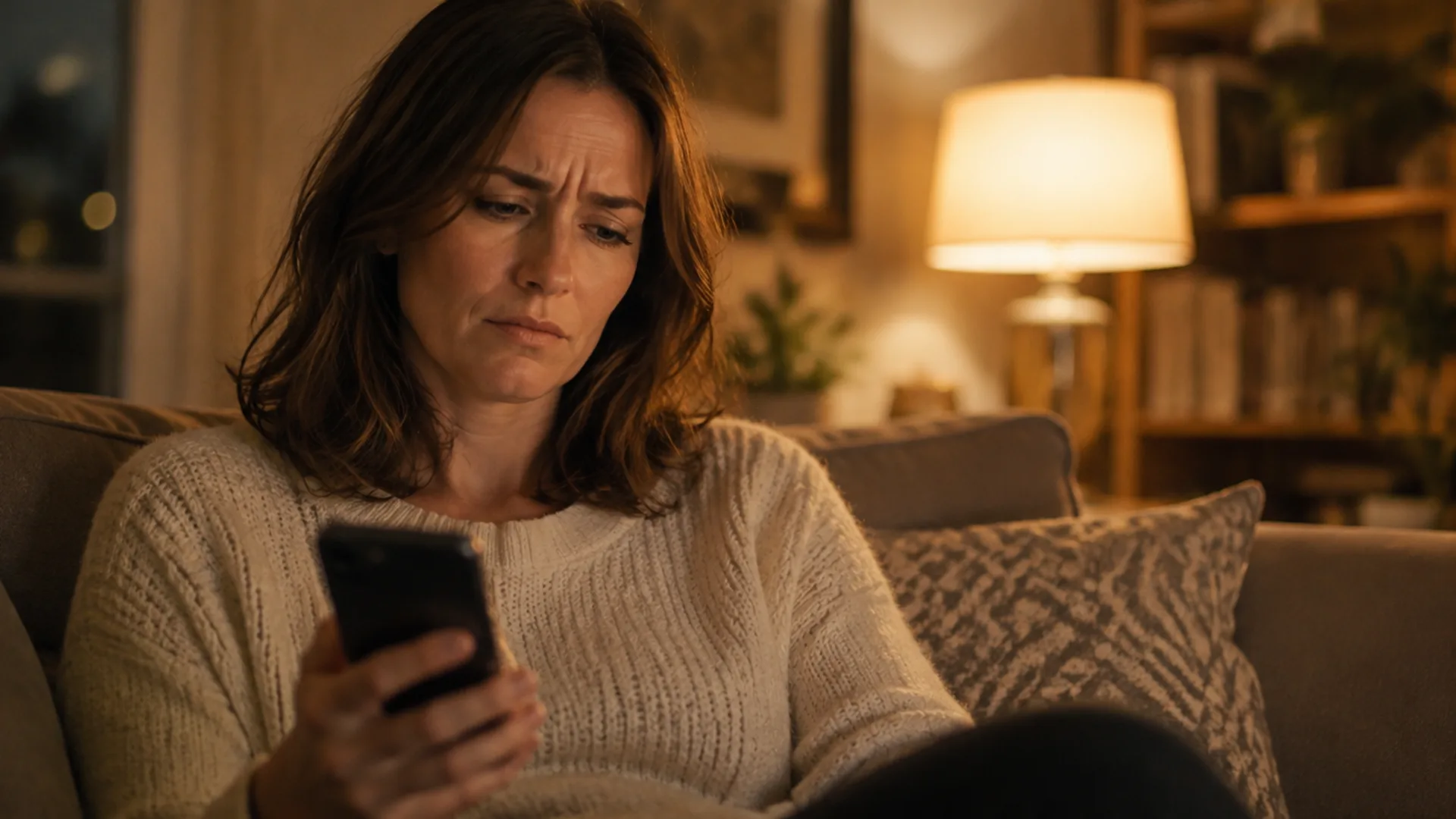 The woman lowering her phone, disappointed after reaching voicemail